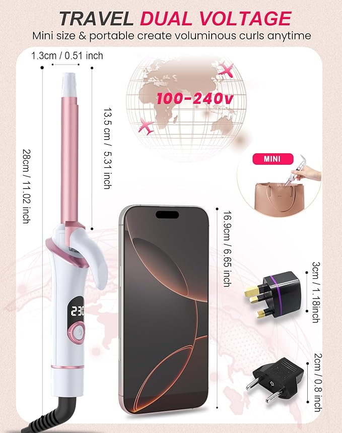 Mini Curling Iron for Short Hair Dual Voltage with European UK Plug Adapter 1/2 Inch Travel Size Small Barrel Curling Iron to Medium Bouncy Curls with 30S Fast Heating, 5 Temps for Global