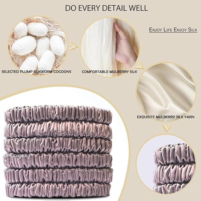 Suncdelv Silk,100% Silk Scrunchies for Hair,22 Momme Hair Ties for Anti-Crease & Breakage,Natural Women Hair Accessories，Fashion Hairbands 6PCS(Red Bean Paste)