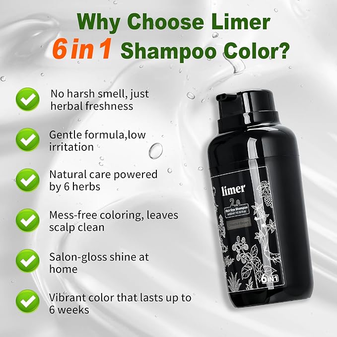 Limer Hair Dye Shampoo Natural Black, 3 in 1 Hair Color for Gray Coverage Men and Women, Herbal Ingredients Natural Shampoo Para Pintar el Cabello, Semi-Permanent Champu Para Canas(15.55fl oz/460ml)