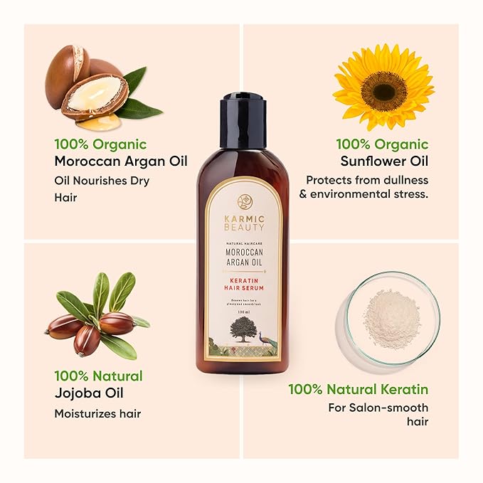 100% Organic Moroccan Argan Oil & Natural Keratin Luxurious Hair Serum | Get Smooth, Silky & Shiny Hair | Lightweight & Non-Greasy Formula | Sulfates & Parabens Free | 3.4 fl oz