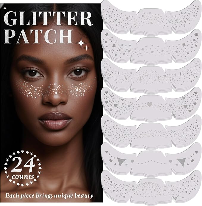 24pcs Glitter Freckles Makeup Patches-Silvery-Face Glitter Speckle, Sparkle Speckles Patches for Women, Cute Fake Freckles, Glitter Freckle Face Tattoo, Accessories for Musical Festival