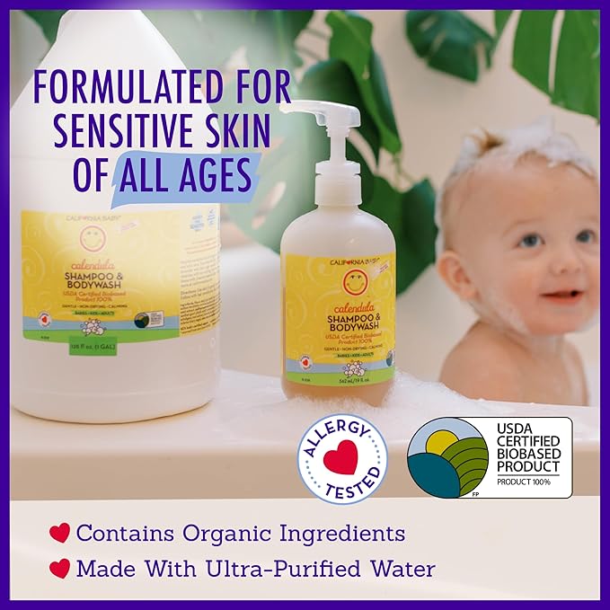 California Baby Calendula Baby Shampoo + Baby Wash | 100% Plant-Based | Soothing Lavender Body Wash For Sensitive Skin | Hypoallergenic | 562mL / 19oz