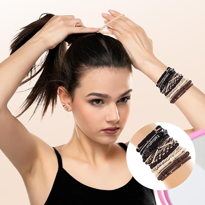 Hair Tie Bracelets Boho Hair Ties Bracelets for Women, 72PCS Boho Hair Accessories Hair Ties No Damage for Thick Thin Hair Medium Long Hair Pony Tails (Boho B)