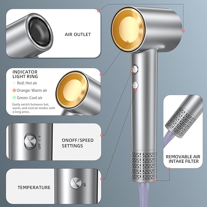 Hair Dryer, 150,000 RPM Brushless Motor, Ultra-Fast Drying with 3 Heat Settings & LED Lights, Negative Ion Technology, Quiet Lightweight Blow Dryer with Diffuser & Nozzle for Home, Salon, Travel Use