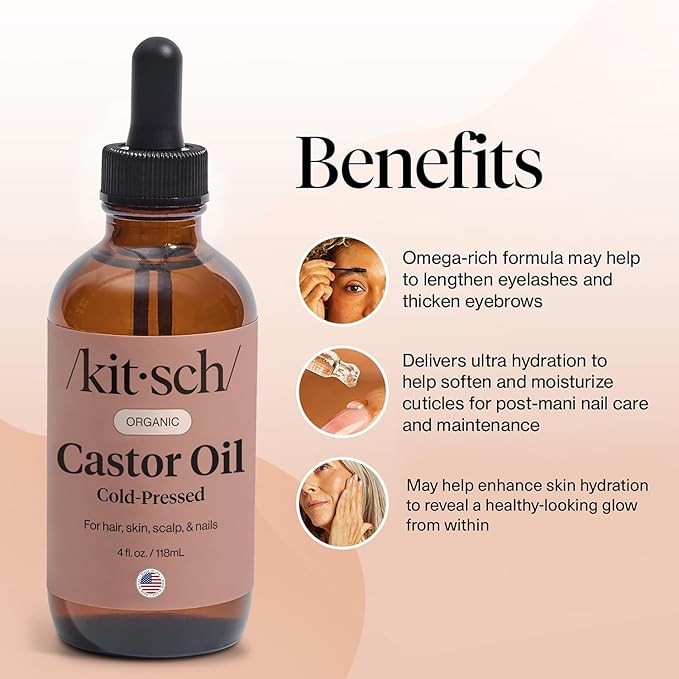 Kitsch Organic Castor Oil for Hair Growth - 100% Pure Castor Oil, Organic Cold Pressed Unrefined Glass Bottle for Face, Skin, Lashes, Brows, Scalp, Nails & Belly Button | Ideal Gifts for Women - 4 oz