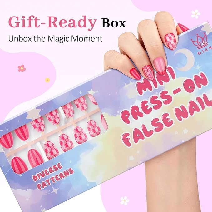 16 Sizes Press on Nails Kit for Kids - 32 Pieces French Almond Fake Nail Tips for Girls 8-12 Years Old with Jelly Nail Adhesives & No-Lamp Nail Glue, Birthday Christmas Gifts (Rose Pink Grid)