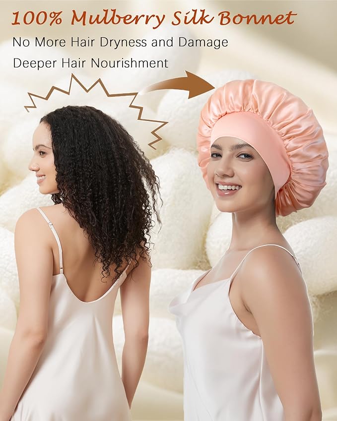 100% Mulberry Silk Bonnet for Sleeping Women, Real Pure Silk Bonnets, Double Layer Sleep Cap with Elastic Band for Curly Hair