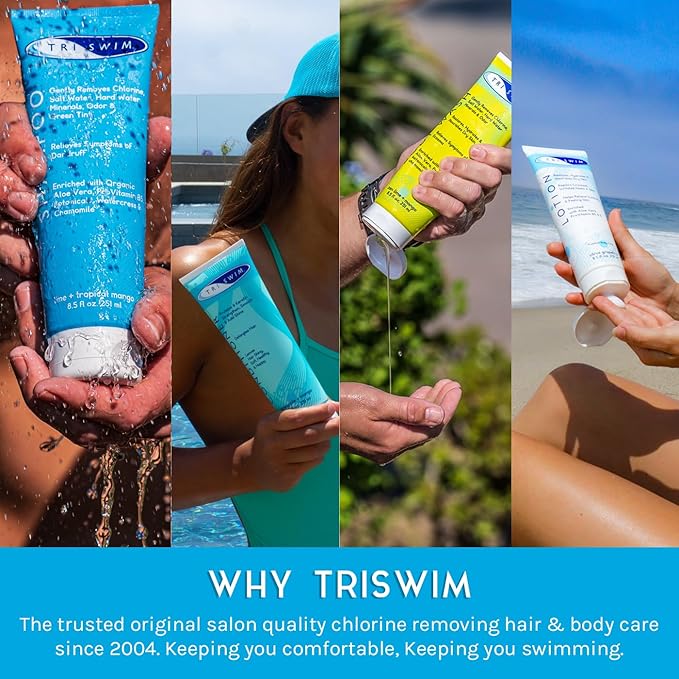 TRISWIM Gift Set Value Pack of 4 + Mesh Bag Travel Kit Swim Care Chlorine Removal Body Wash + Swimmers Shampoo + Conditioner and Lotion 8.5 fl oz for Hydrated Skin and Healthy Hair