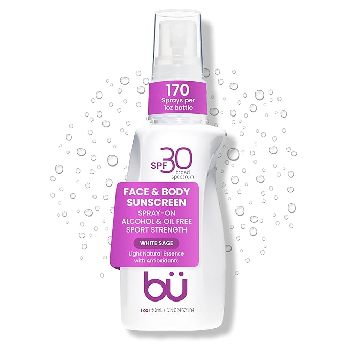 BU SPF 30 Sunscreen Spray for Face and Body, Non Aerosol Spray, TSA Travel Size Sunblock, Clear, Non Greasy, Water Resistant, White Sage 1 oz