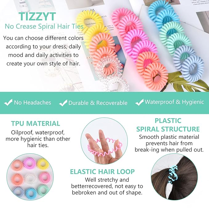 TIZZYT Basic Spiral Hair Ties, No Crease Hair Ties, 18 Count - Macaron Color