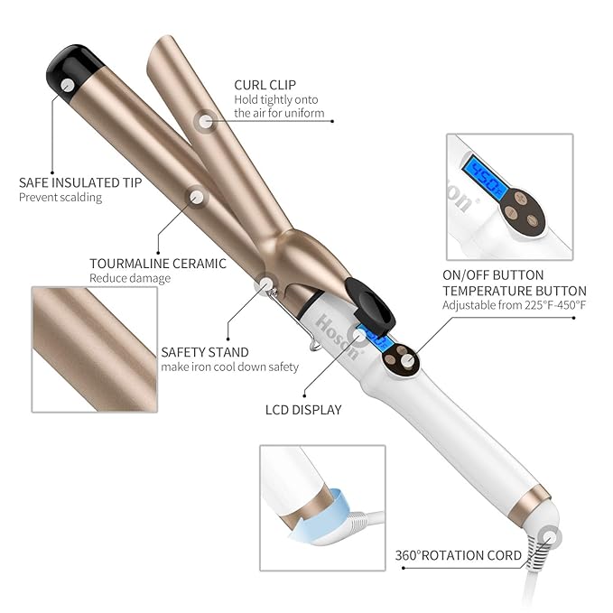 Hoson 1 1/4 Inch Curling Iron Dual Voltage, Ceramic Long Barrel 1.25 Inch Hair Curling Iron for Long Hair, LCD Display with 9 Heat Setting(225°F-450°F for All Hair Types, Glove Include)