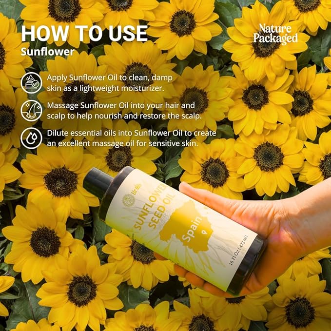 Nature Packaged Sunflower Carrier Oil (16oz) - Direct from EIR Oils' Farmland in the Sunny Fields of Spain - 100% Pure Carrier Oil for Hair, Face, and Skin