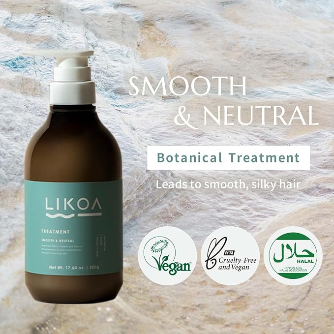 LIKOA, Smooth and Neutral Treatment, Vegan, Halal, Lightweight Moisture for Fine, Dry, or Tangle-Prone Hair, Botanical Hair Care, White Floral Scent, Made in Japan, 500g, 17.64oz