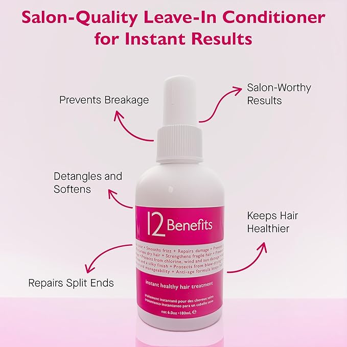 12 Benefits Instant Healthy Hair Treatment, Leave-In Conditioning, Smoothes Frizz, Strengthens & Repairs, Heat Protection Spray, 6 Fl Oz (Pack of 2)