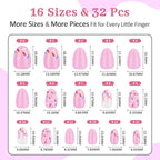 16 Sizes Press on Nails Kit for Kids - 32 Pieces French Almond Fake Nail Tips for Girls 8-12 Years Old with Jelly Nail Adhesives & No-Lamp Nail Glue, Birthday Christmas Gifts (Pink Ice Cream)