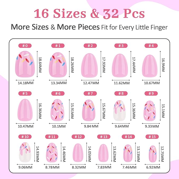 16 Sizes Press on Nails Kit for Kids - 32 Pieces French Almond Fake Nail Tips for Girls 8-12 Years Old with Jelly Nail Adhesives & No-Lamp Nail Glue, Birthday Christmas Gifts (Pink Ice Cream)