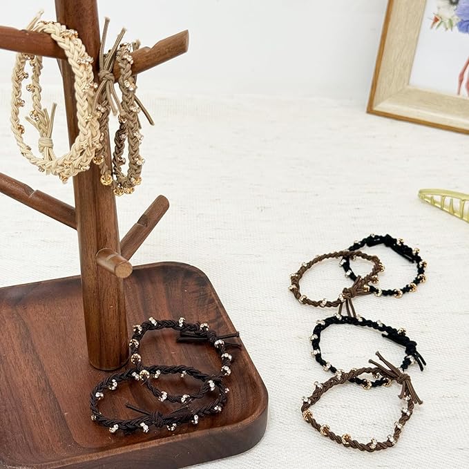 10pcs Braided Hair Ties with Gold & Crystal Beads, Elastic Hair Ties for Women, Neutral Colors