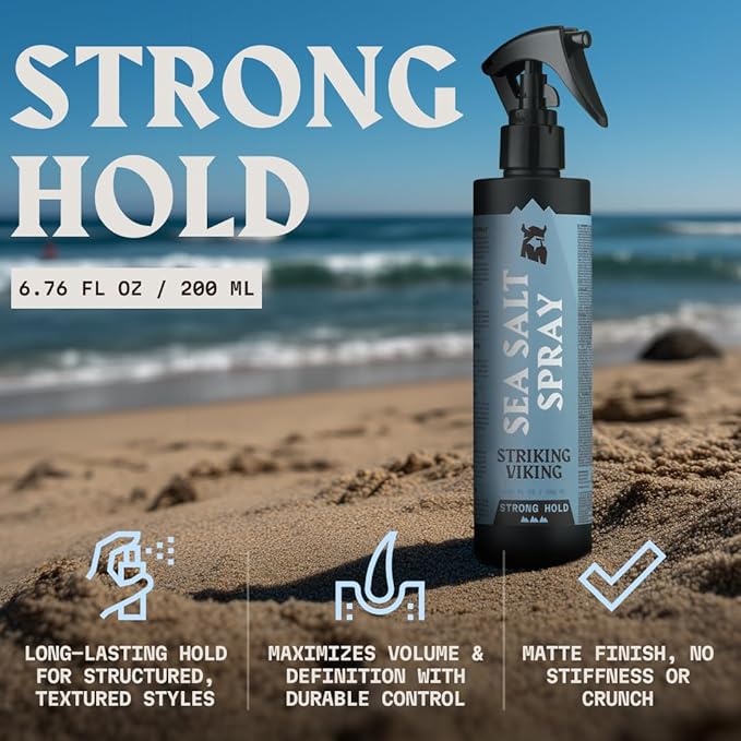 Striking Viking Sea Salt Spray for Men - Strong Hold, 6.76 Fl Oz, Blue Ocean Scent - Volumizing Hair Spray for Men - Texturizing & Curl Enhancing - Paraben Free