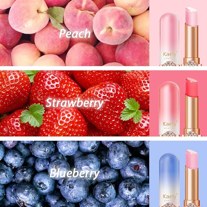 Kaely 3Pcs Peach Strawberry Blueberry Hydrating Lipstick Tinted Lip Balm, Color Changing PH Lipstick Makeup, Korean Magic Lip Stain Long Lasting Waterproof, labiales magicos 24 horas originales