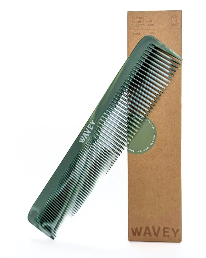 WAVEY Quality Hair Comb for Men and Women, Recycled Ocean Plastic, 7 Inches length perfect for home and travel, Wide and Fine Tooth for thick, thin, wavy, straight and curly hair styling - GREEN