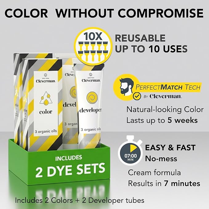 2X Pack Cleverman Hair & Beard Dye Kit for Men, All-in-One Reusable Mens Hair Color, Natural Gray Coverage, Ammonia-Free Beard Mustache Dye for Men (Medium Blond)