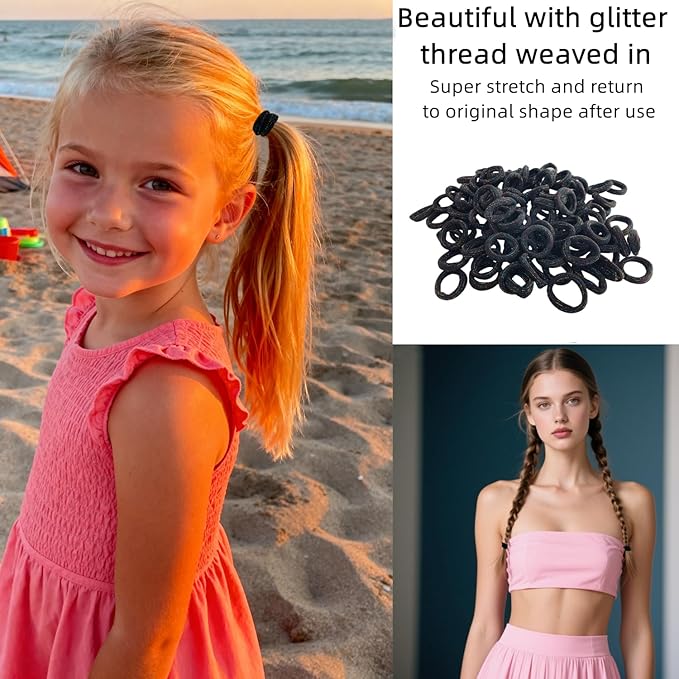 Mini Small Glittering Hair Ties All Hair Types Seamless Glitter Hair Ponies Elastics Ponytail Holders Hair Scrunchies Hair Accessories Baby Girls Kid Children 100 pcs