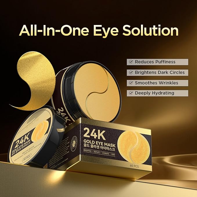 24k Gold Eye Patches - Firming, Glowing & Hydrating Hydrogel Mask for Puffy Eyes, Dark Circles, Wrinkles, Fine Lines, Eye Bags Treatment, Korean Skincare Gifts for Women and Men, 60Pcs