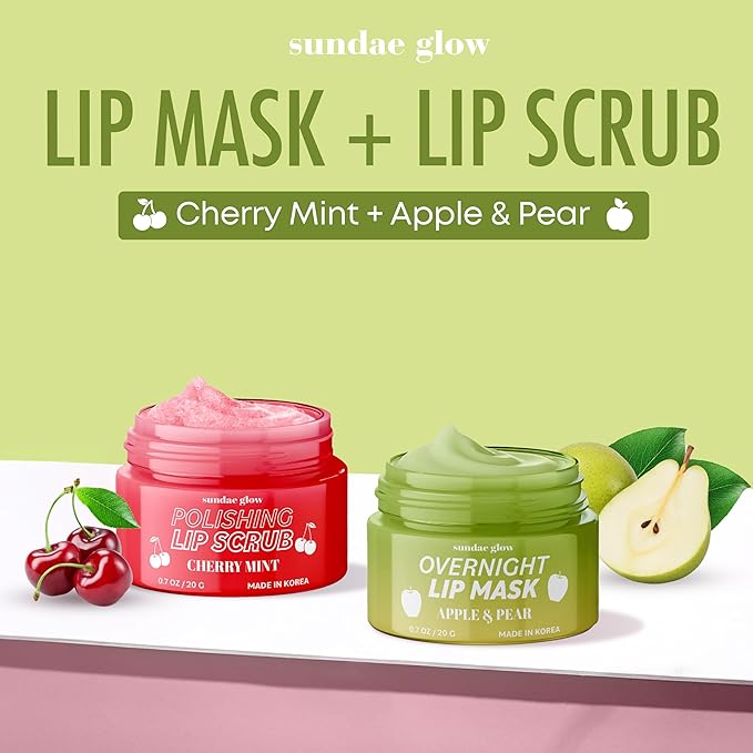 Lip Mask & Scrub – Apple, Pear, Cherry & Mint – Hydrates, Exfoliates, Softens, Repairs Dry & Chapped Lips – Dermatologist Tested, Korean Skin Care – Vegan, Clean Beauty – Duo Pack