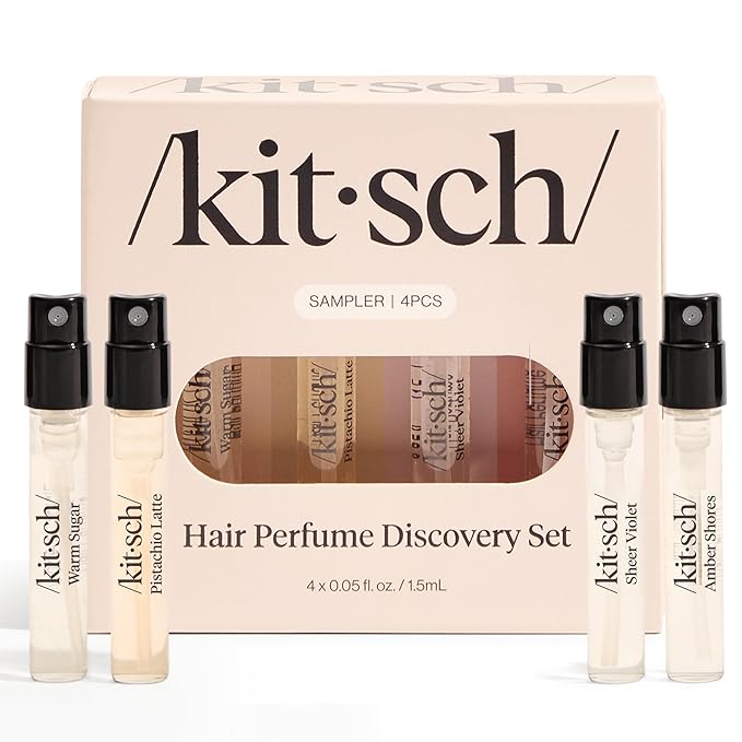 Kitsch Hair Perfume For Women (Discovery Set) - Pistachio Latte, Warm Sugar, Sheer Violet & Amber Waves - Patented Odor-Eliminating Technology, Hair Spray and Body Mist - 4 x 1.5mL