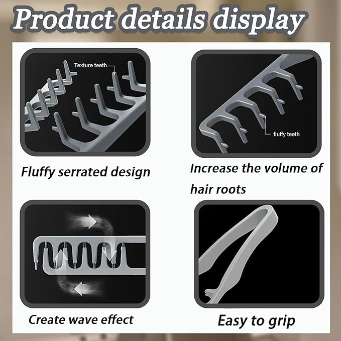 Texture Comb, Volumizing Wide-Tooth Hair Styling Comb,Fluffy Wide Tooth Curly Hair Comb, Men's Textured StylingComb for Volume,Fringe Parting Styling Accessory,for Men & Women (Grey)