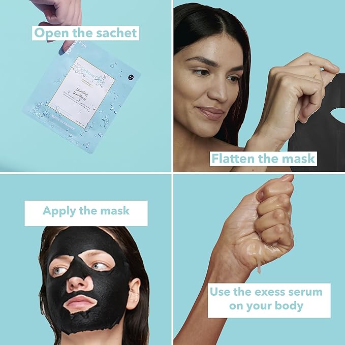 RARE Paris - Carbone Glacé - Purifying Carbon Black Facial Sheet Mask - Cleanses & Tightens - With Hamamelis & Mallow - Purifying, Firming & Revitalizing - Multi-Active Serum Formula - 5 Pack