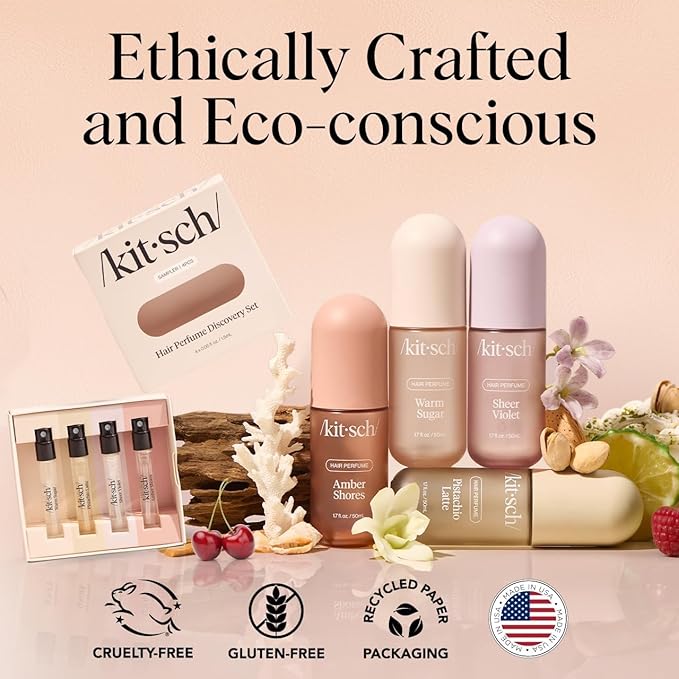 Kitsch Hair Perfume For Women (Discovery Set) - Pistachio Latte, Warm Sugar, Sheer Violet & Amber Waves - Patented Odor-Eliminating Technology, Hair Spray and Body Mist - 4 x 1.5mL