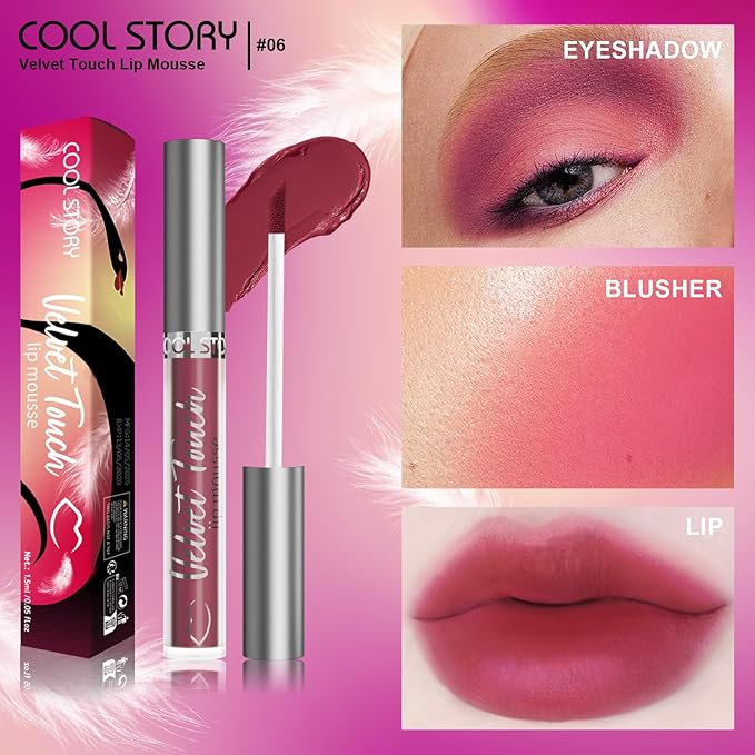 COOL STORY Velvet Lip Stain Mousse, Lip Tint Long-Lasting Waterproof Matte Finish (06)