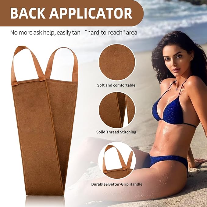 FUNAN Self Tanning Applicator Kit with Soft Mitt, Back Lotion Strap, and Ultra Soft Rose Gold Kabuki Brush, Brown, 3 Piece Set