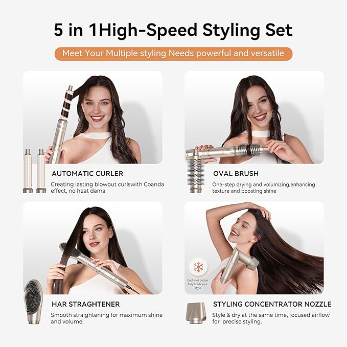 5 in 1 Hair Dryer Brush,110,000 RPM High-Speed Hair Styling Tools,Upgrade Air Curling Wrap Styler,Detachable Blow Dryer Brushs with Auto Wrap Curlers,Hot Air Brush for Straight/Curl/Drying/Smoothing