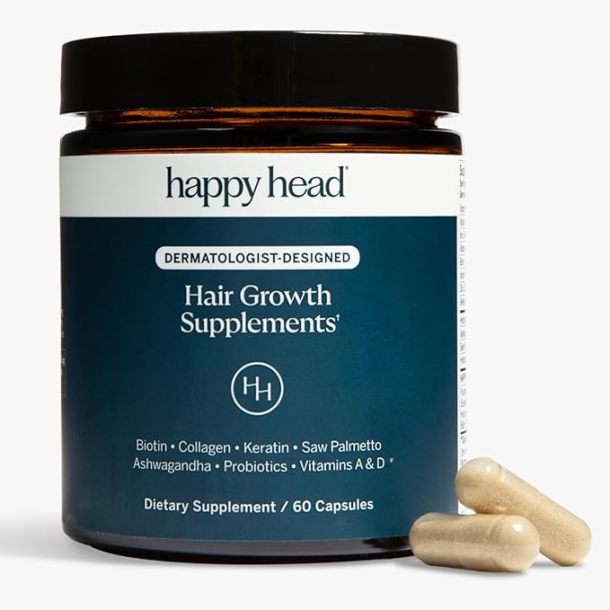 Happy Head Hair Growth Supplement for Men and Women – Thicker, Fuller Hair with Saw Palmetto, Ashwagandha, Biotin, Collagen, Keratin, Probiotics & Vitamins A & D – One Month Supply – 60/ct