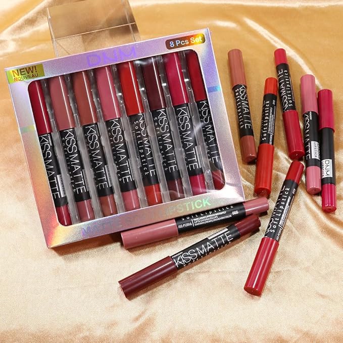 evpct 8Pcs Matte Lipstick and Lip Crayon Lip Liner Pencil Pen Set for Women Dark Ruby Deep Red Nude Beige Chestnut Brown Mauve Plum Purple Wine Red Matte Lip Liner Crayon and Liquid Lipstick 03