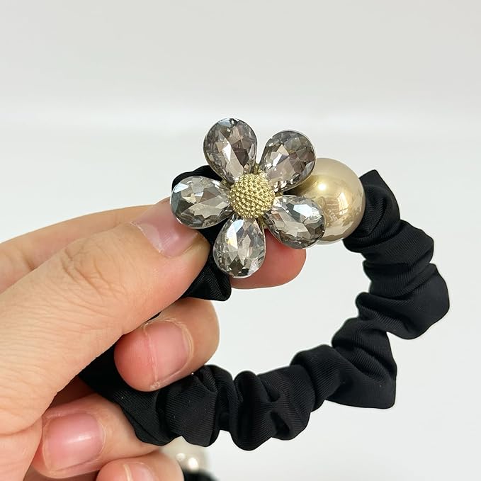 Silk Scrunchies Hair Ties 2Packs – Super Soft Thin Hair Scrunchies, Gentle on Hair, Rose Flower Crystal Decorated Hair Accessories for Women