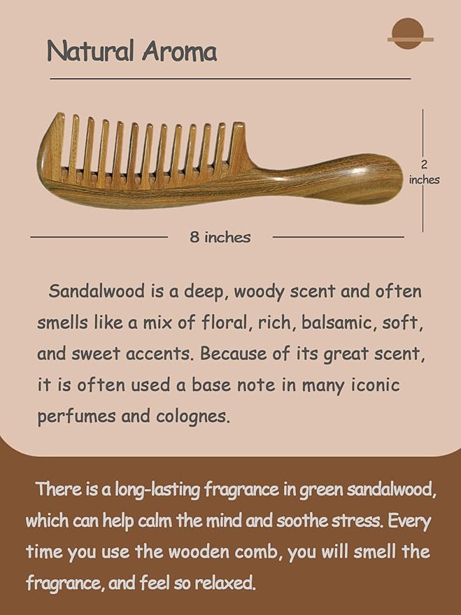 Green Sandalwood Wide Tooth Hair Comb with Handle - Detangling Brush for Curly/Coily Hair, Split Ends Repair & Gentle Scalp Care (Anti-Static Wooden Design)