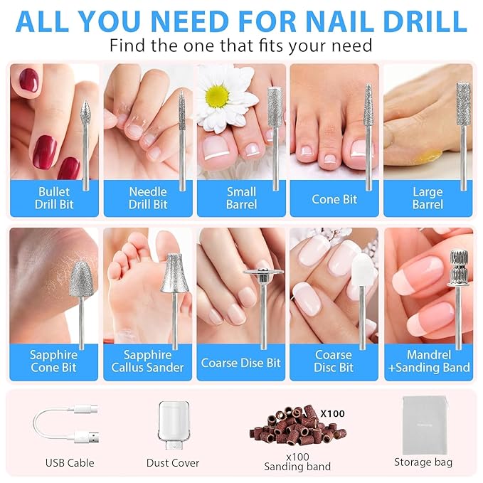 2 Pack Portable Electric Nail Drill Polisher – 10-in-1 Versatile Tool with 100PC Sanding Rings for DIY Care, Black+White