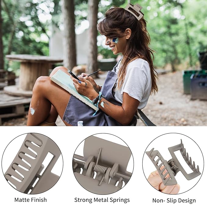 Square Hair Clips 3.5 Inch Medium Claw Clips Rectangle Hair Claw Clips 6 Pack Rubber Paint Jaw Non-Slip Thick Hair Accessories for Women Girls -Neutral