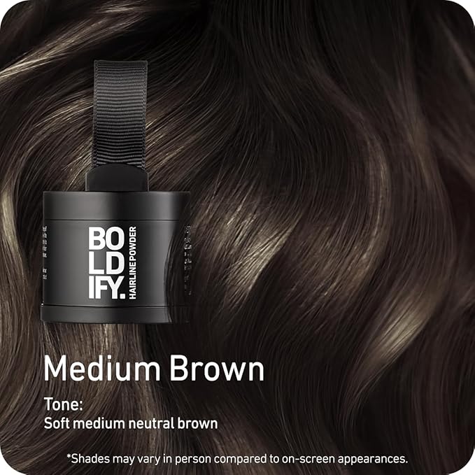 BOLDIFY Hairline Powder - Root Touch Up Hair Color for Gray Coverage - Bald Spot Concealing Hair Powder for Women & Men - 24-Hour Stain-Proof - Medium Brown