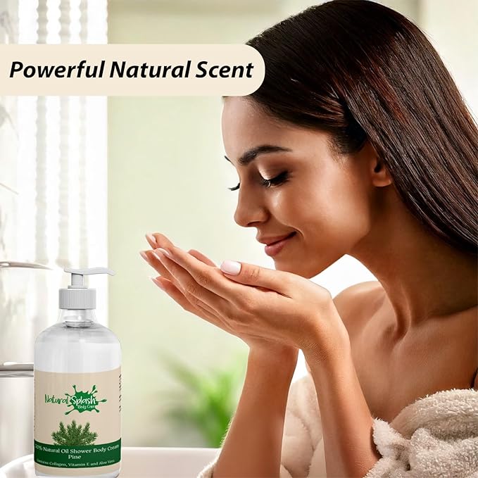 Shower Body Cream - Pine with Shea Butter, Collagen, Vitamin E and Aloe Vera - Moisturizing, Nourishing, and Soothing Skin Care - By Natural Splash.
