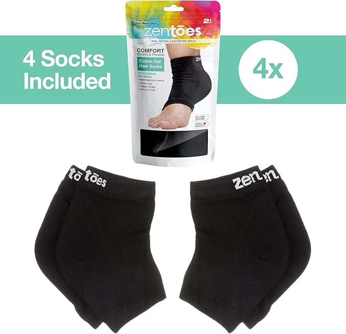 ZenToes Moisturizing Socks for Cracked Heel Treatment, Vitamin E, Olive Oil and Jojoba Oil Heel Socks, Stocking Stuffers for Women, Spa Self Care Gifts for Women (Cotton Black, Wide Width)