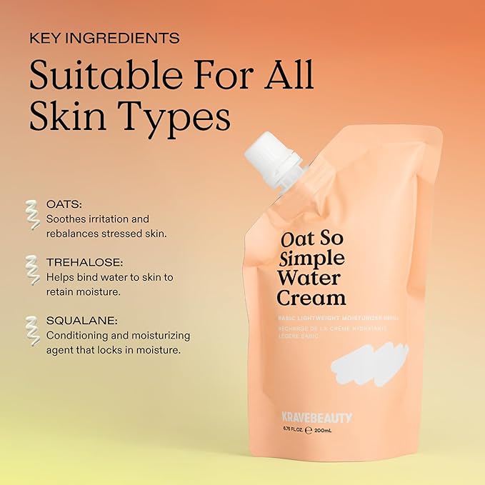 KraveBeauty Oat So Simple Water Cream Refill, Enriched With Oat & Squalane To Soothe & Lock In Moisture, Everyday Moisturizer, For All Skin Types, Vegan & Cruelty Free, 6.76 fl oz
