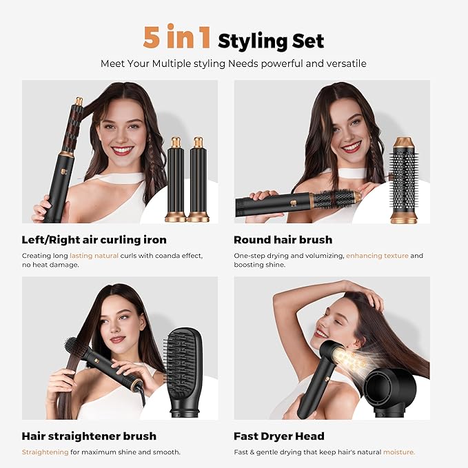 5 in 1 Hair Dryer Brush Set,Professional Negative Ionic Hot Air Styler, Air Curling Wrap Styler,Detachable Blow Dryer Brush With Auto Wrap Curlers,Hair Styling Tools For Straight/Curl/Drying/Smoothing