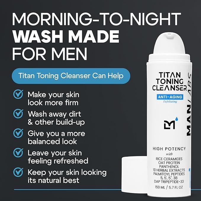 Titan Anti-Aging Mens Face Wash – For Men, Cleanse, Hydrate, Revitalize – Gentle Exfoliating Face Cleanser – Men, Skin Care – Herbal Extracts, Ceramides, Peptides, All Skin Types – Unscented