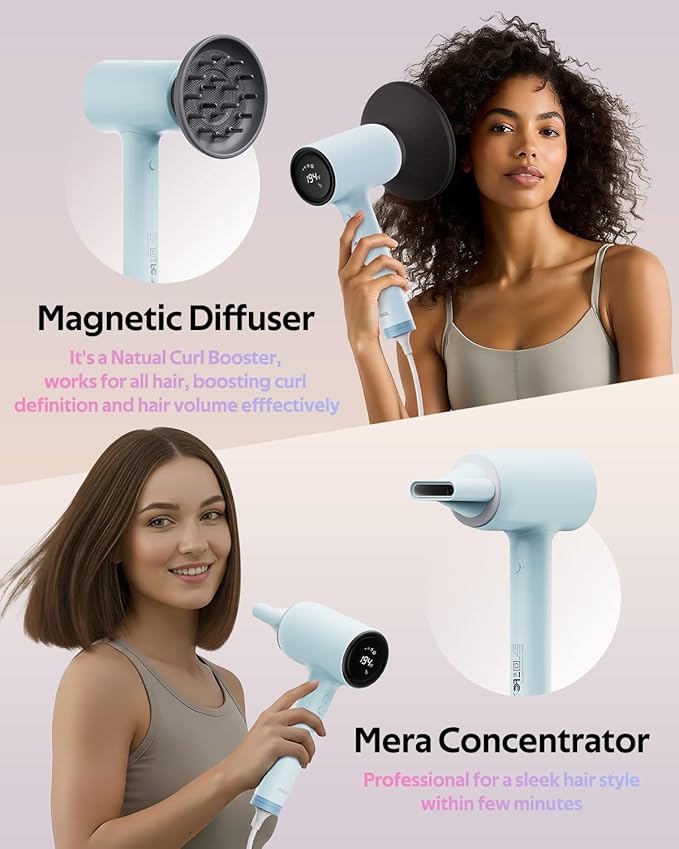 Professional Hair Dryer with Diffuser (Mera ProMax Ionic-X) - Fast Drying, Anti-Static Blowdryer Full Tool Set for Women & Stylists, 1-Button Cooling Mode, cUL Certified, Self-Cleaning, LED Screen