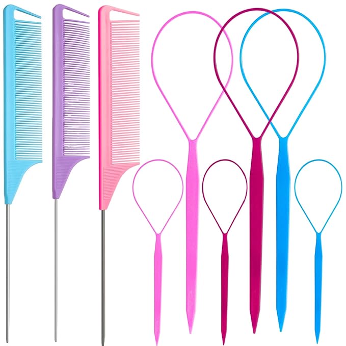 9pcs Topsy Hair Tail Tools & rat tail combs set, 6pcs Ponytail Pull Through Tool 3pcs Long Steel Pin Combs, Turvy Loop Styling Tool for Woman & Girl Hair Styling (Pink,Purple, Blue) Linmxiy