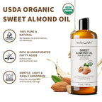 MAYJAM Sweet Almond Oil 16 Fl Oz, USDA Certified Pure and Natural Carrier Oil, for Skin and Hair Moisturizing, Hair and Body Massage Oil for Essential Oils Mixing (473ml)